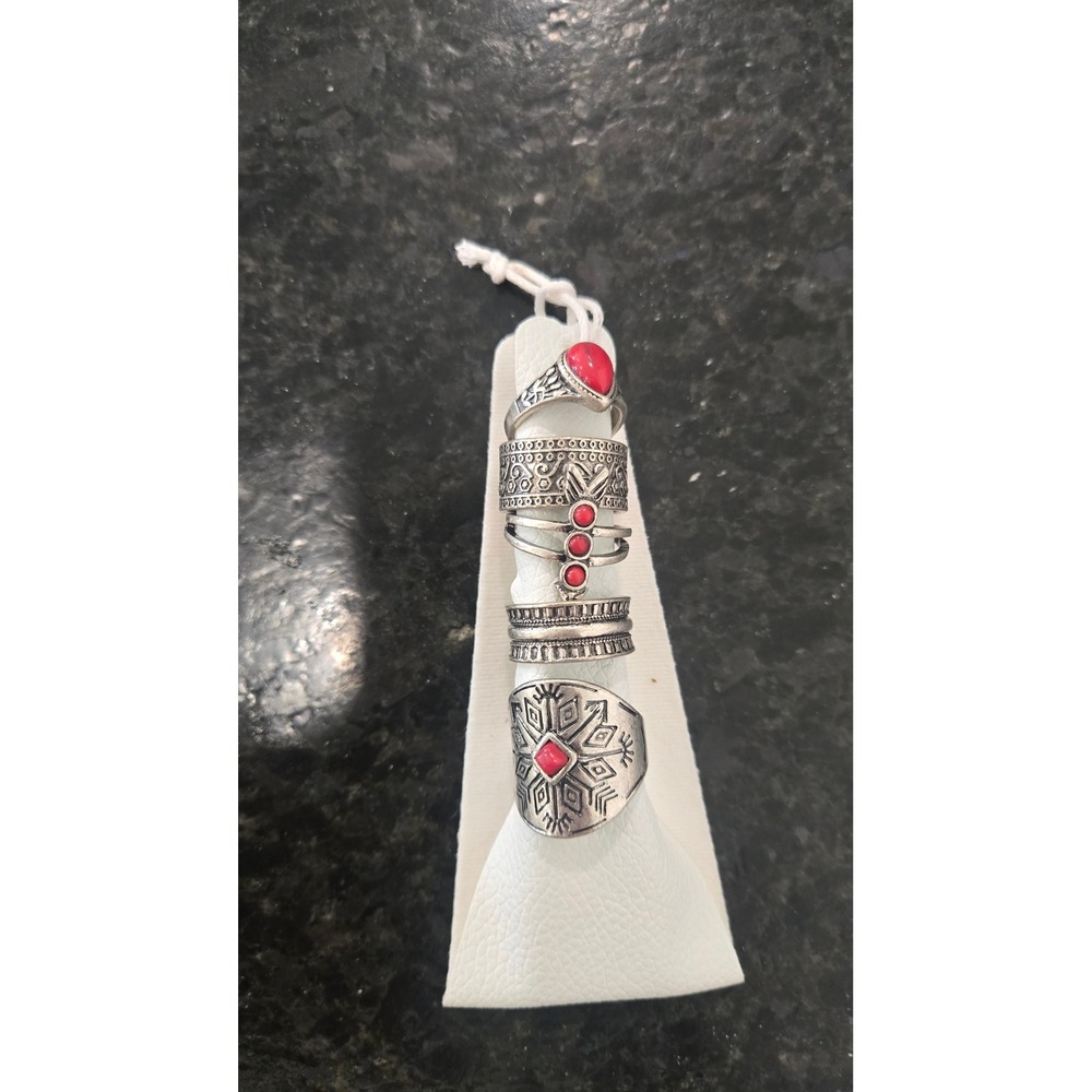 Free People Holly Ring Set 5 Piece Antique Silver Red Stone‎ Boho western NEW